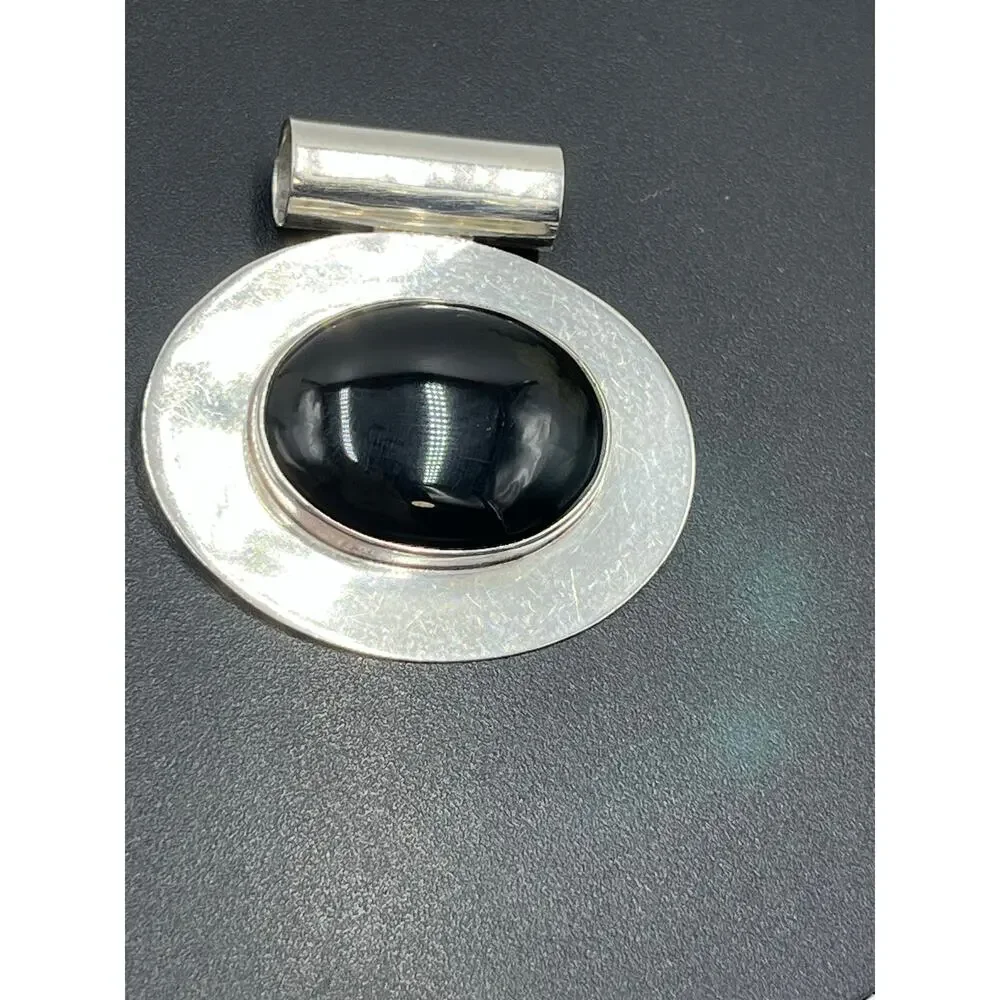 Vintage Sterling Silver Large Mexico TJ-78 Black Onyx Oval Modernist‎ Pendant